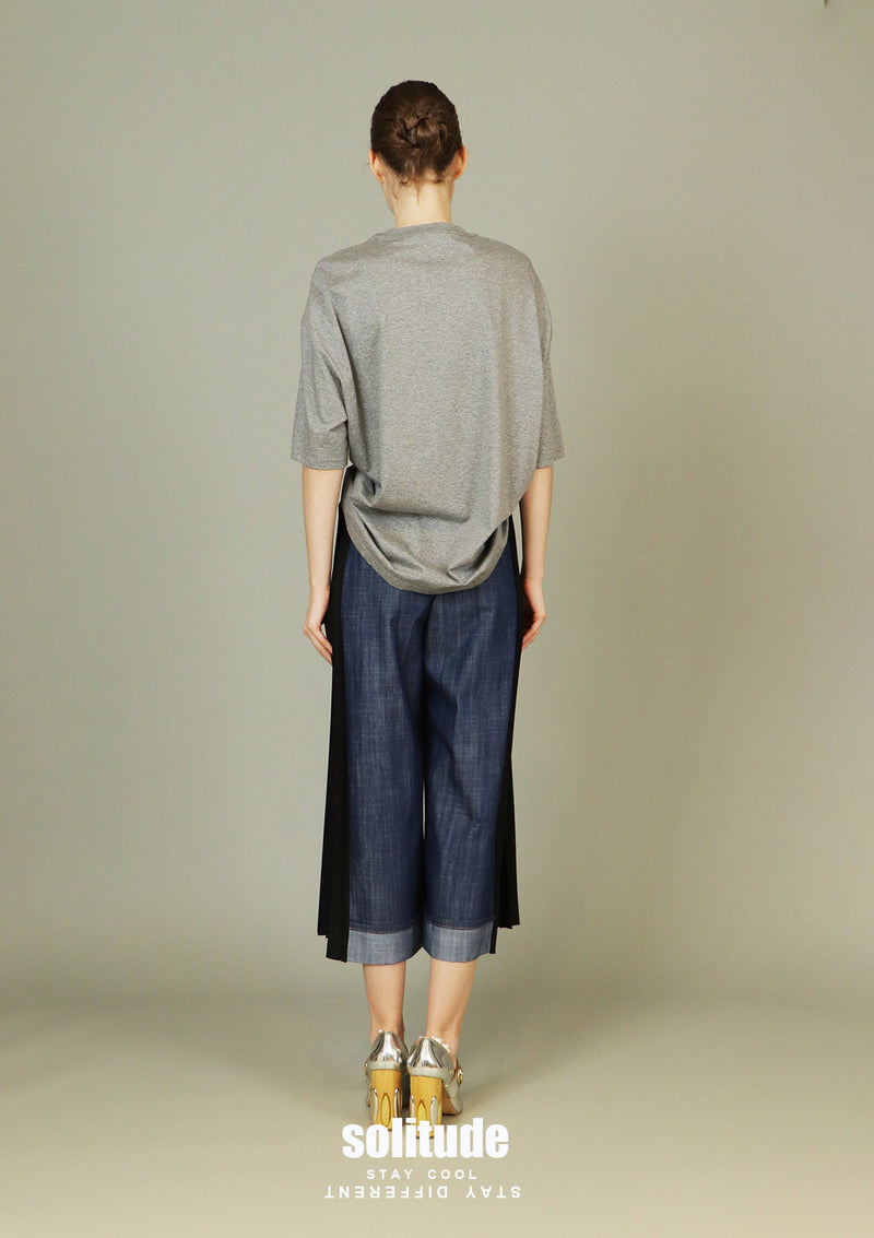Denim Mix Fabrics Pleated Pants