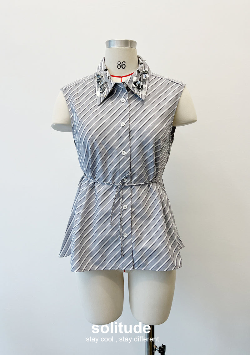 Embellished Grey Striped Sleeveless Shirt