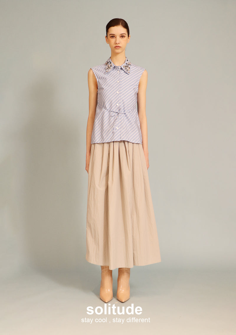 Embellished Blue Striped Sleeveless Shirt