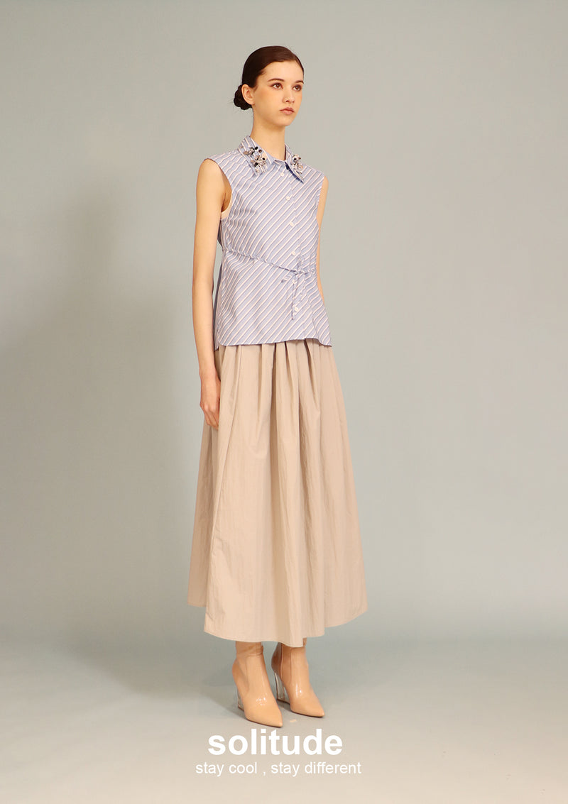 Embellished Blue Striped Sleeveless Shirt