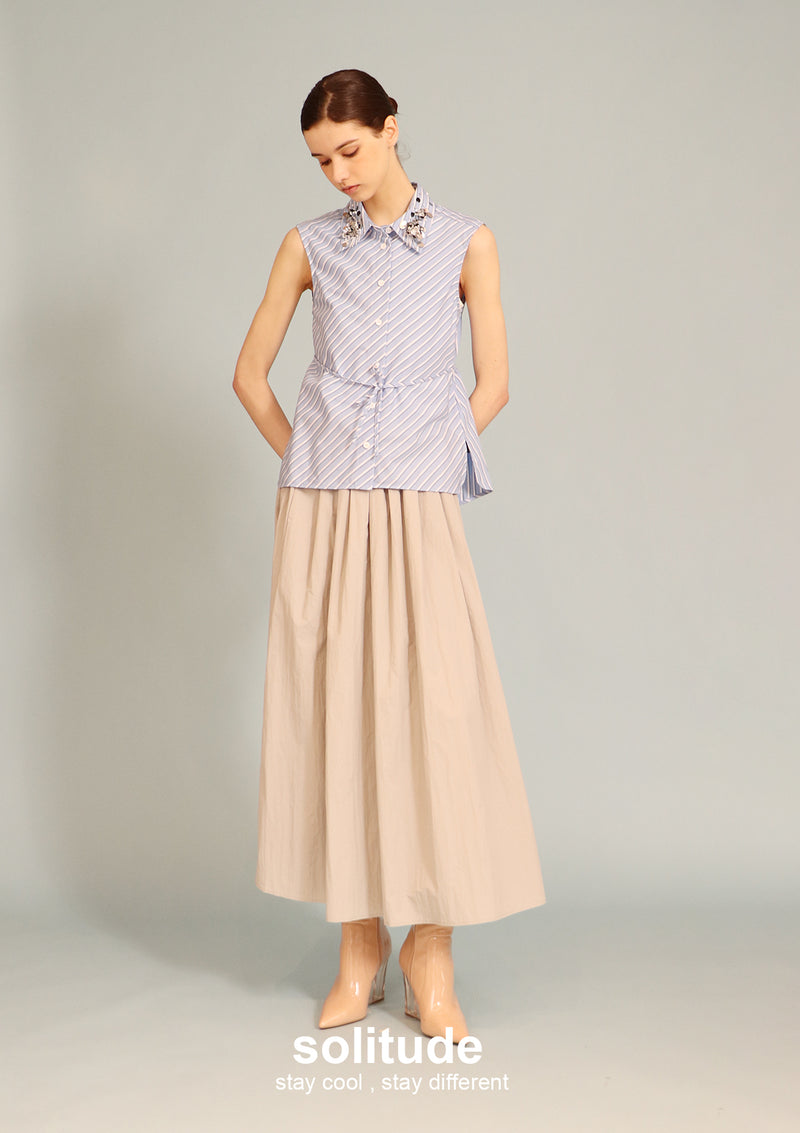 Embellished Blue Striped Sleeveless Shirt