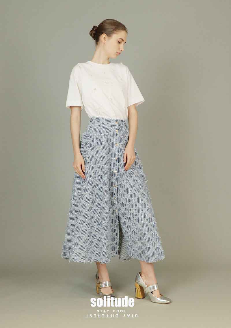 Checkered Long Denim Skirt