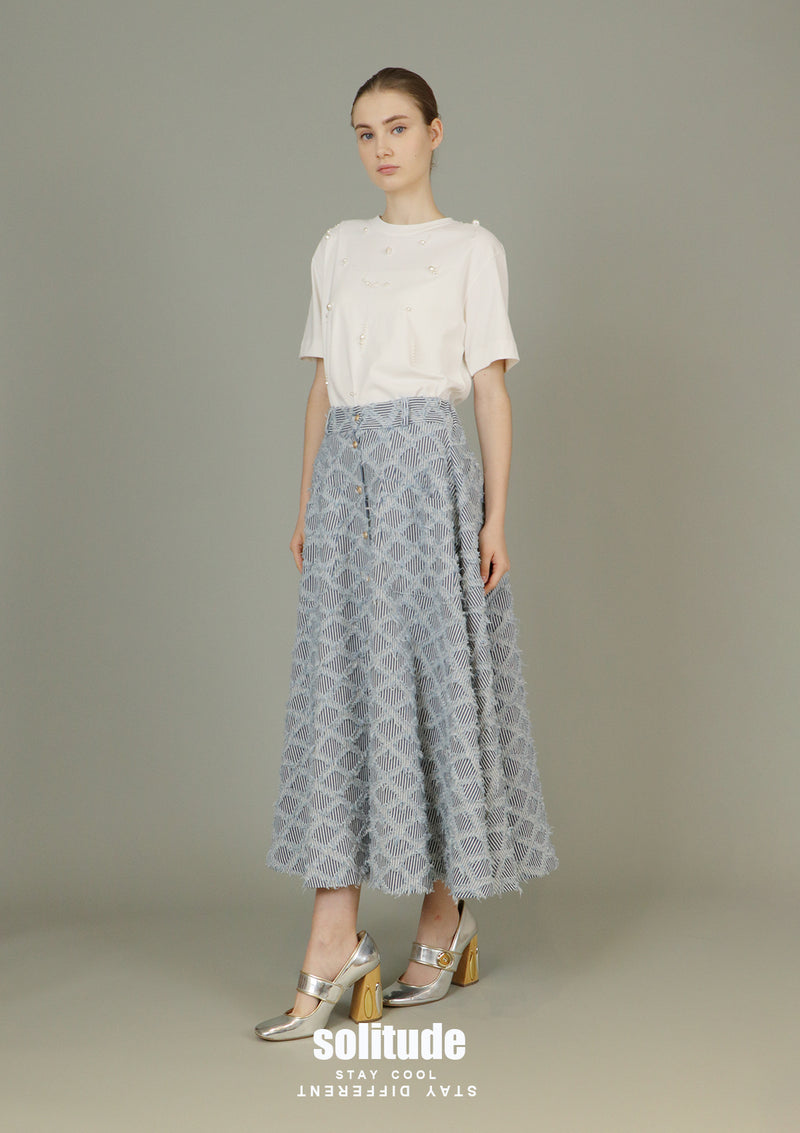 Checkered Long Denim Skirt