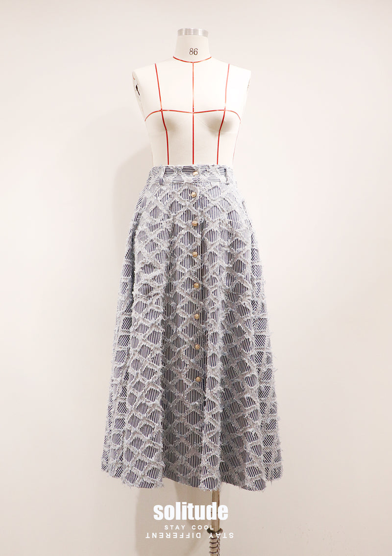 Checkered Long Denim Skirt