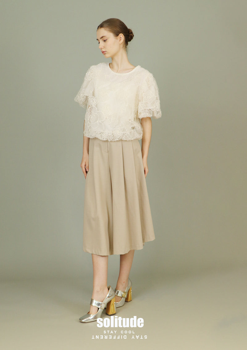 Beige Woven Midi Pants with Belt Set