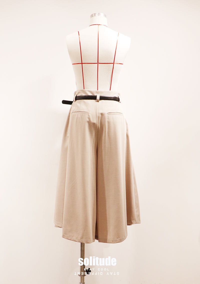 Beige Woven Midi Pants with Belt Set