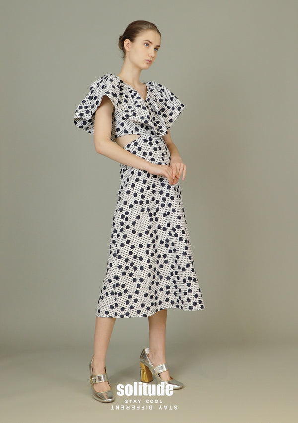 Ruffle V-neck Printed Midi Dress