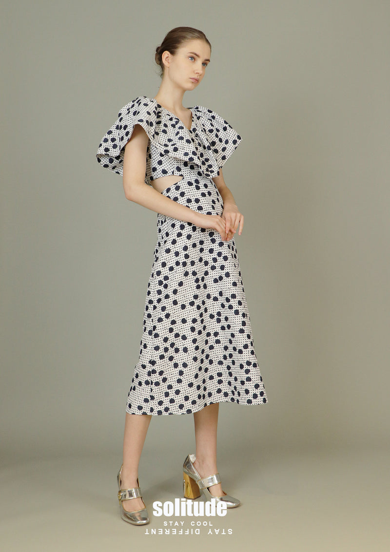 Ruffle V-neck Printed Midi Dress