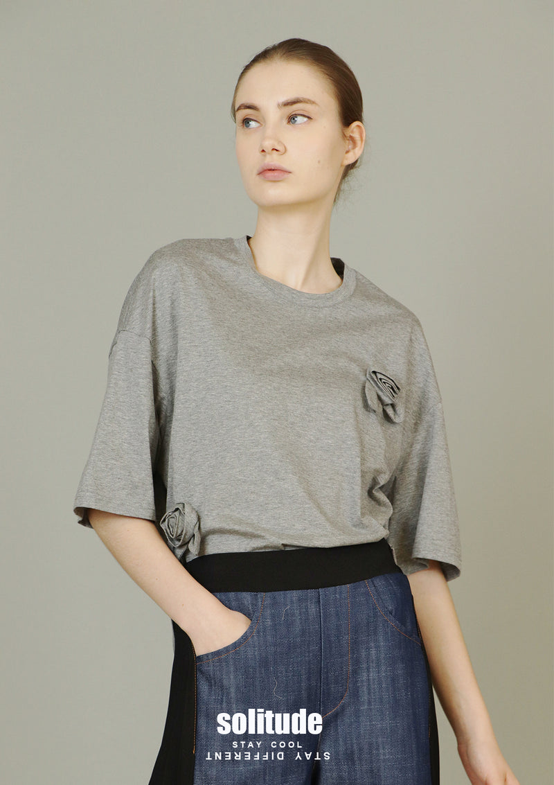 Grey Flowers Patches Knitted Top