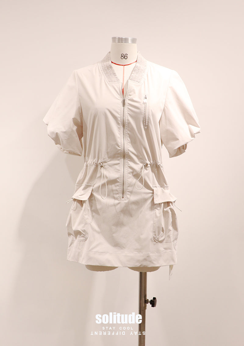 Beige Bubble Sleeves Zip Up Top
