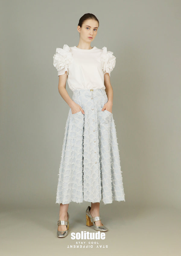 Light Blue Checkered Long Denim Skirt