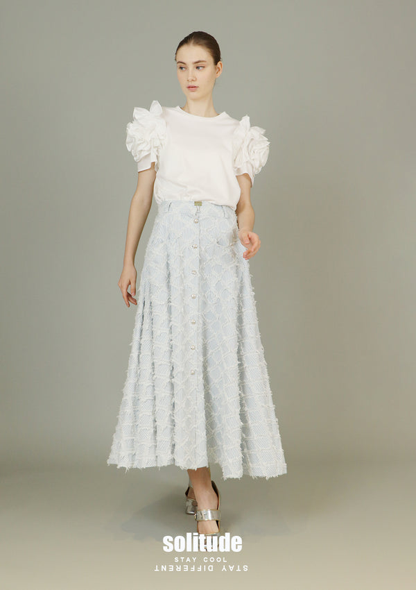 Light Blue Checkered Long Denim Skirt