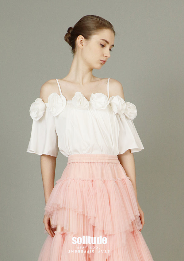 3D Flowers White Woven Top