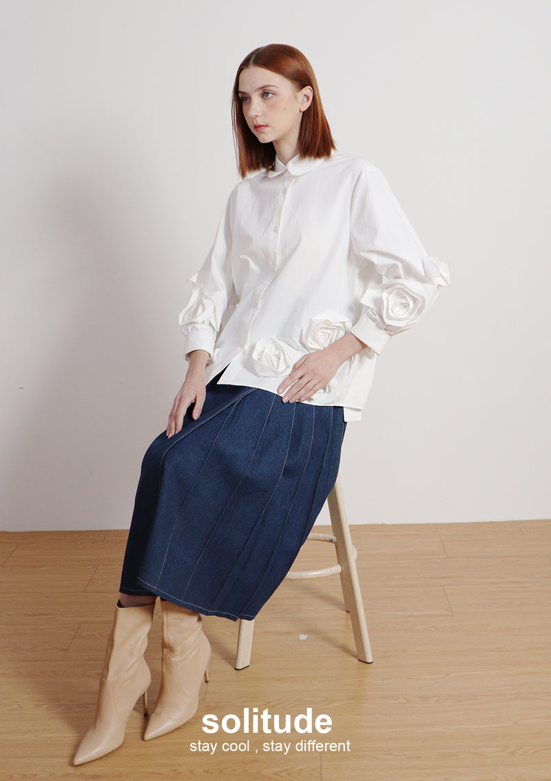 Whtie Flowers Sleeves Shirt