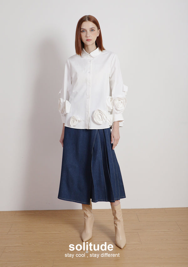 Whtie Flowers Sleeves Shirt