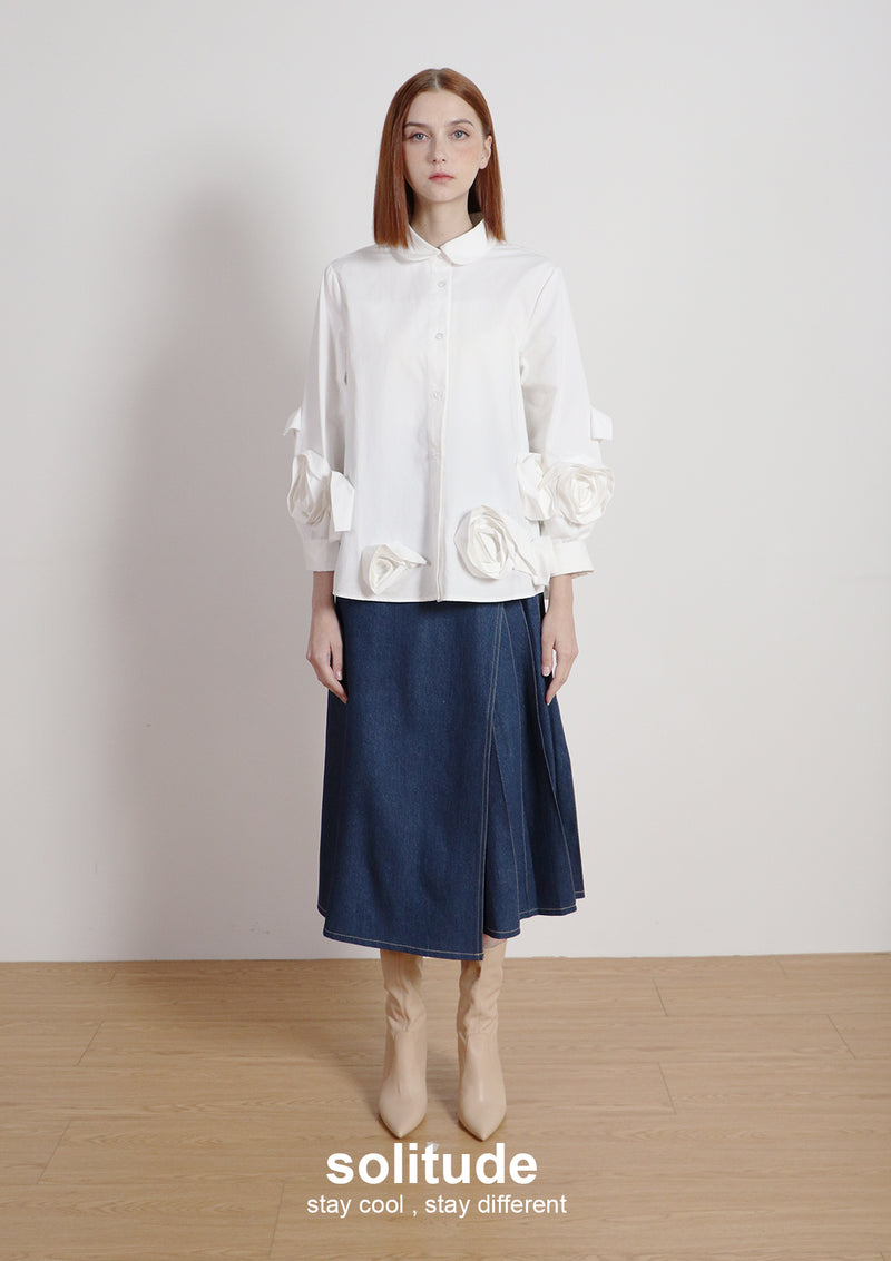 Whtie Flowers Sleeves Shirt