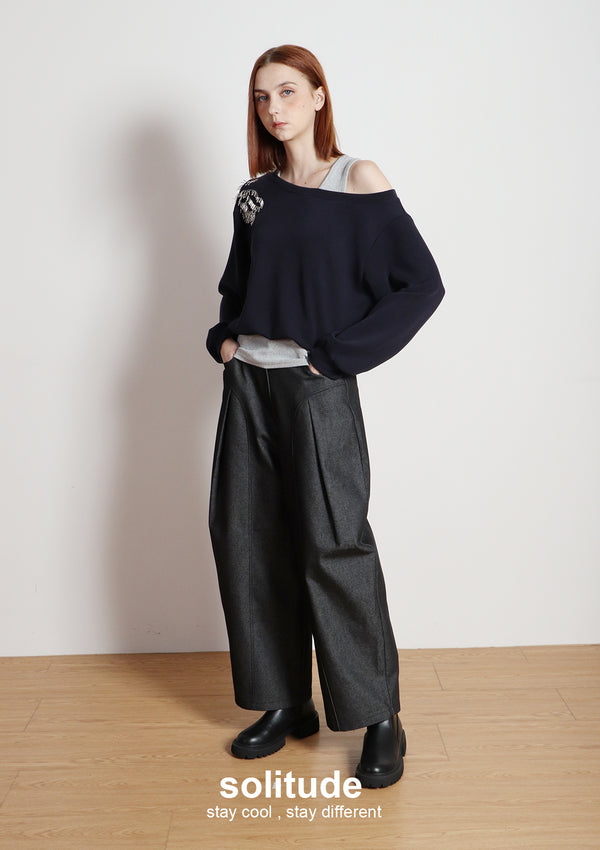 Dark Denim Woven Wide Leg Pants