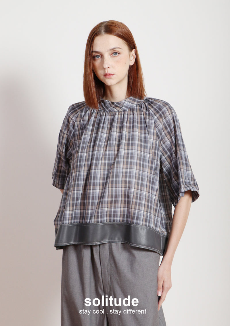 Grey Stand Collar Plaid Top