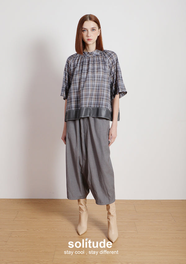 Grey Stand Collar Plaid Top