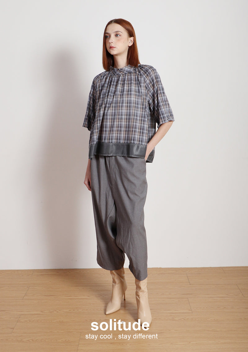 Grey Stand Collar Plaid Top