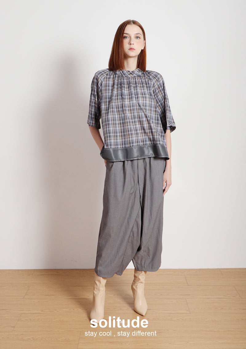 Grey Stand Collar Plaid Top