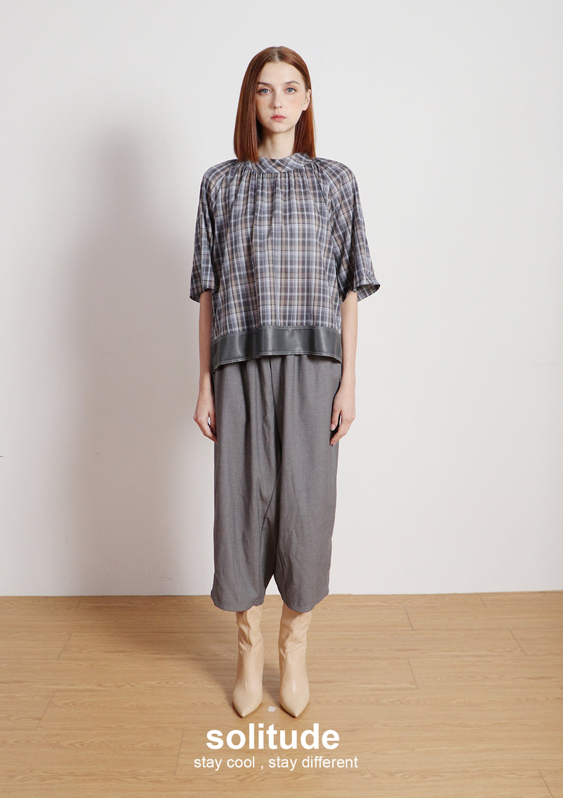 Grey Stand Collar Plaid Top