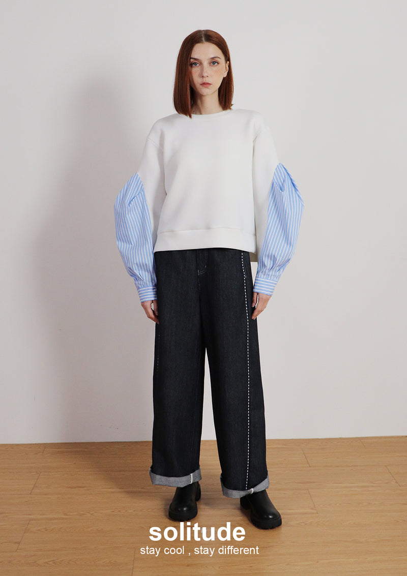 White Stitching Wide Leg Jeans