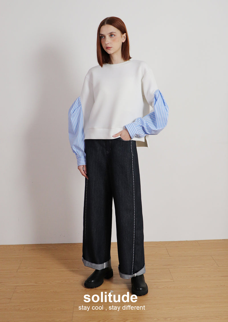 White Stitching Wide Leg Jeans