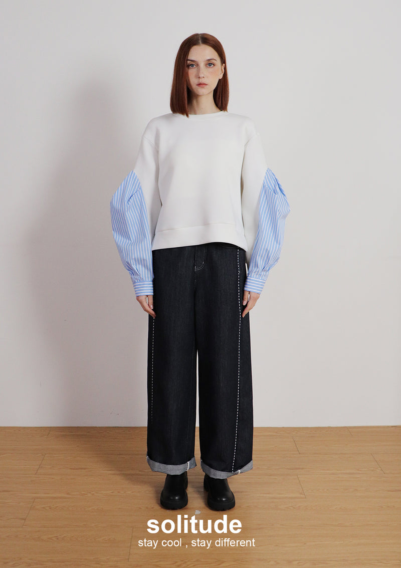 White Stitching Wide Leg Jeans