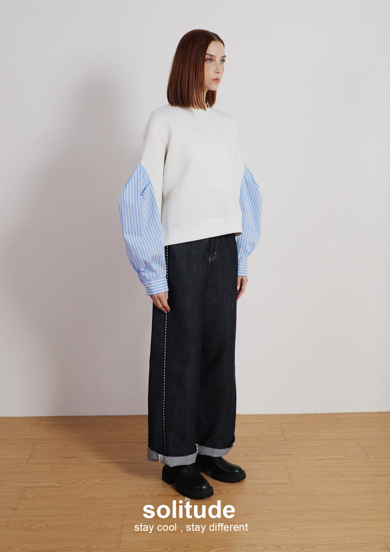 White Stitching Wide Leg Jeans