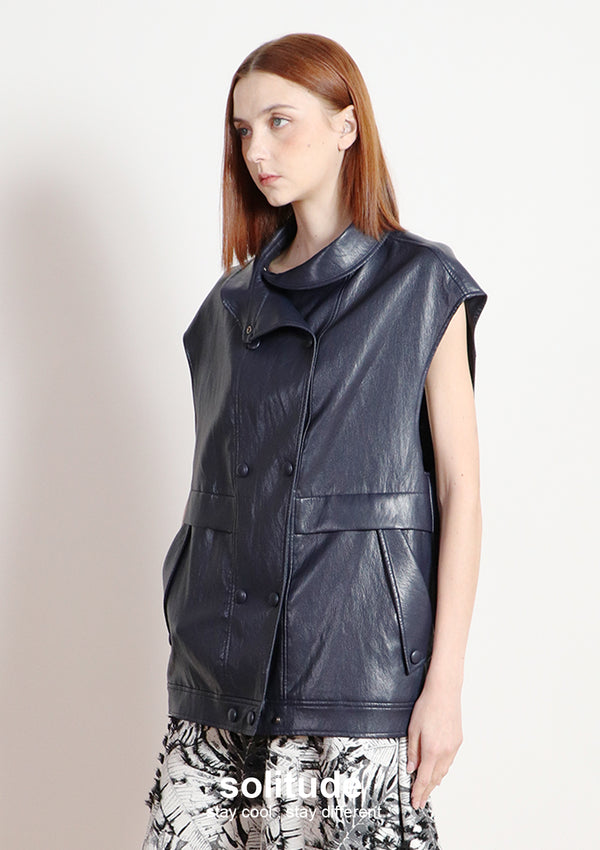 Navy Faux Leather Sleeveless Jacket