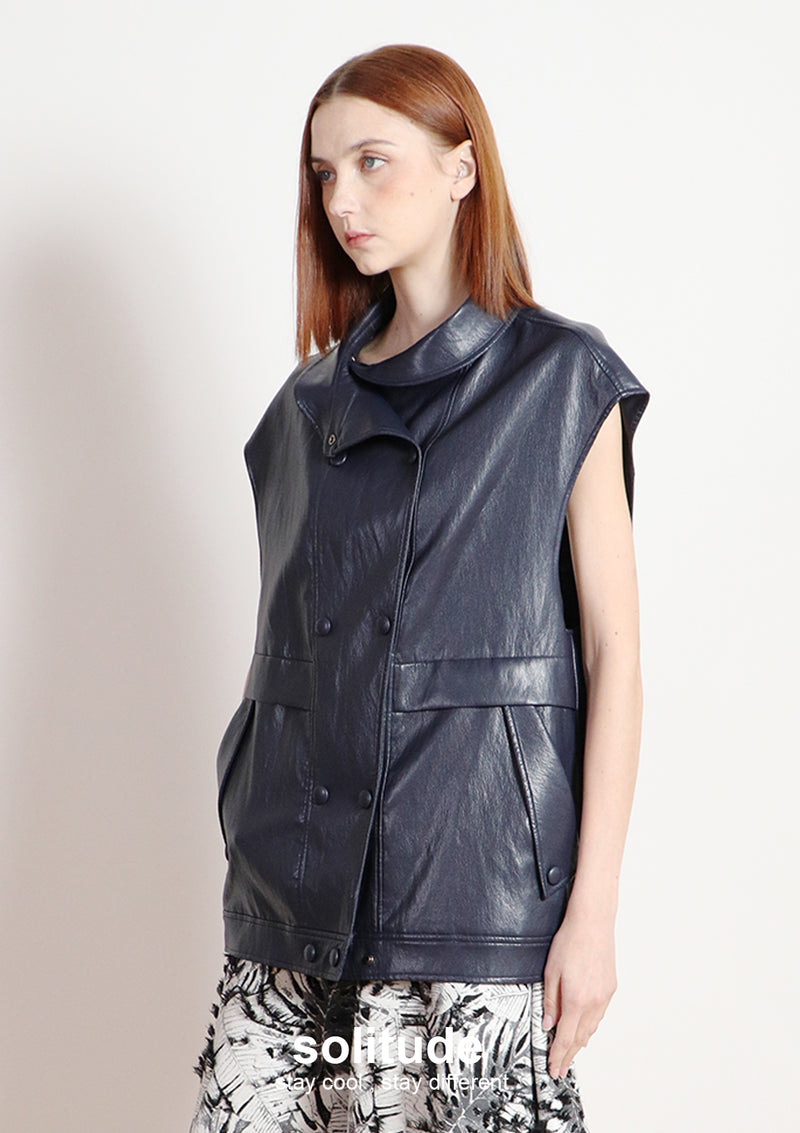 Navy Faux Leather Sleeveless Jacket