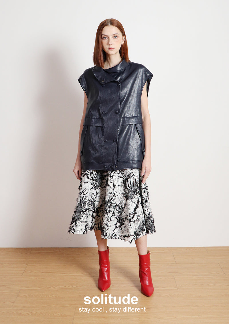 Navy Faux Leather Sleeveless Jacket