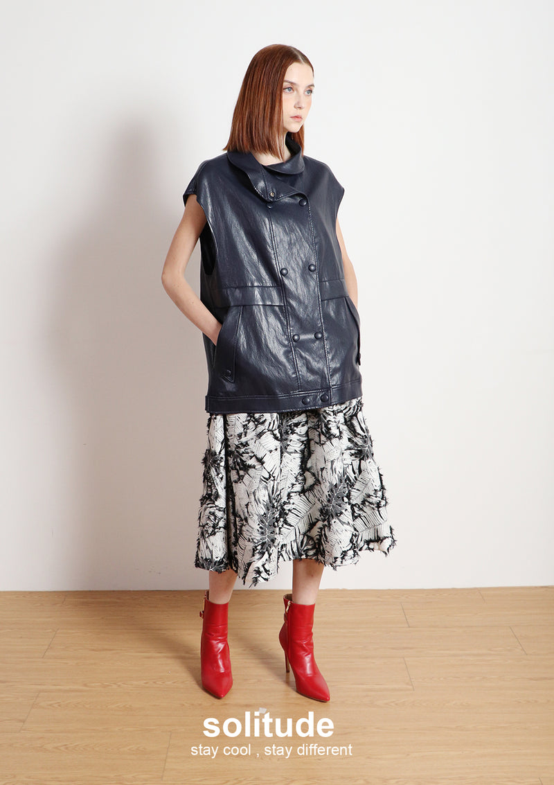 Navy Faux Leather Sleeveless Jacket