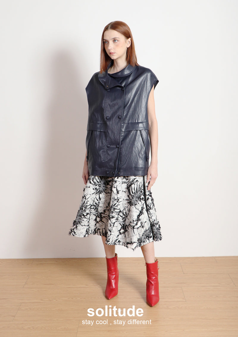 Navy Faux Leather Sleeveless Jacket
