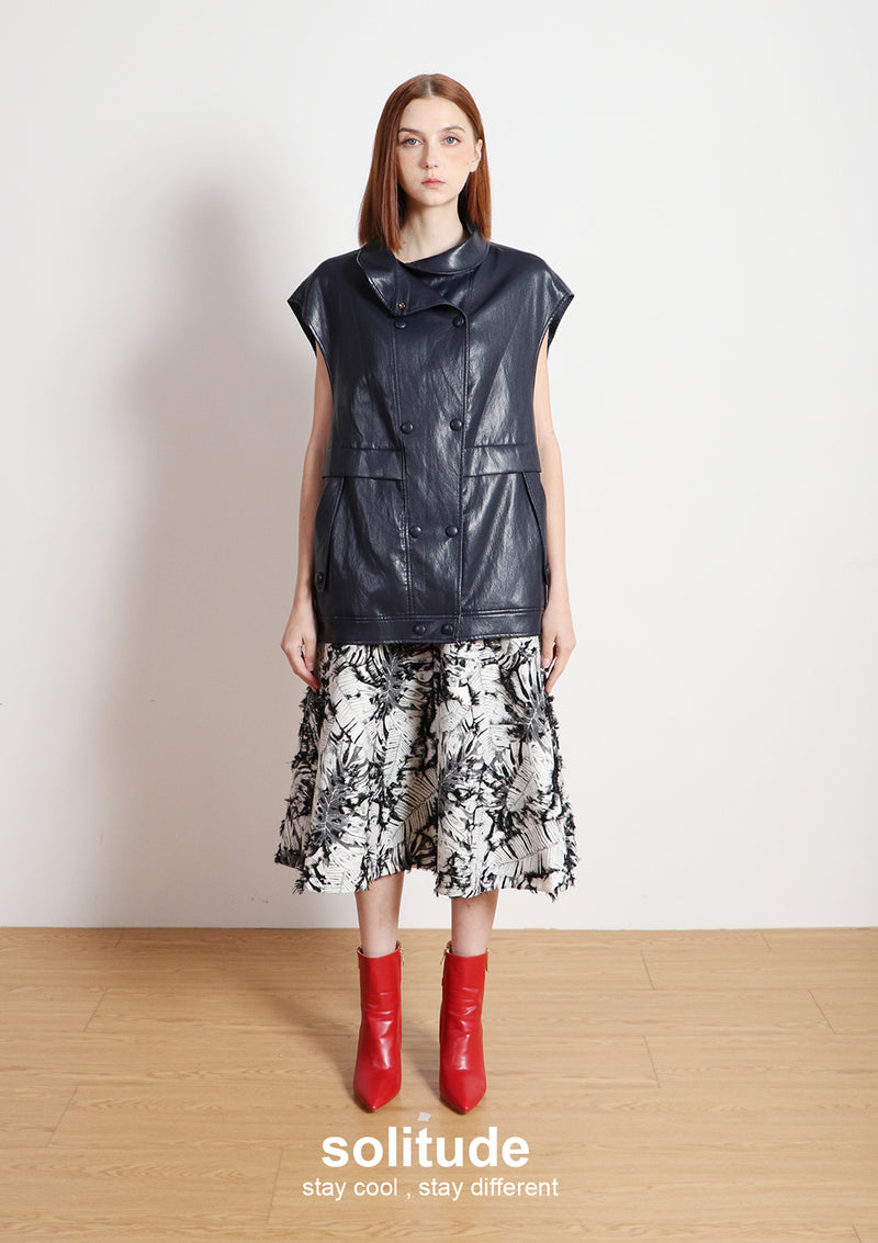 Navy Faux Leather Sleeveless Jacket