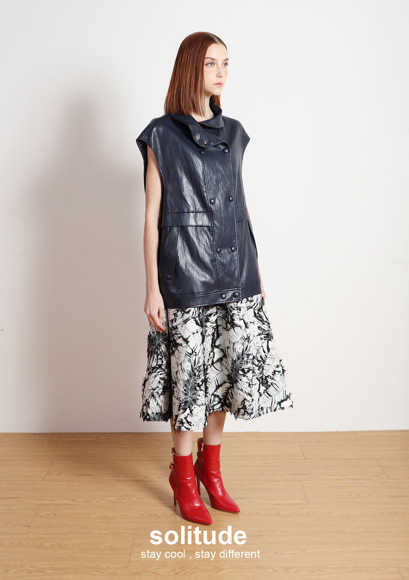 Navy Faux Leather Sleeveless Jacket