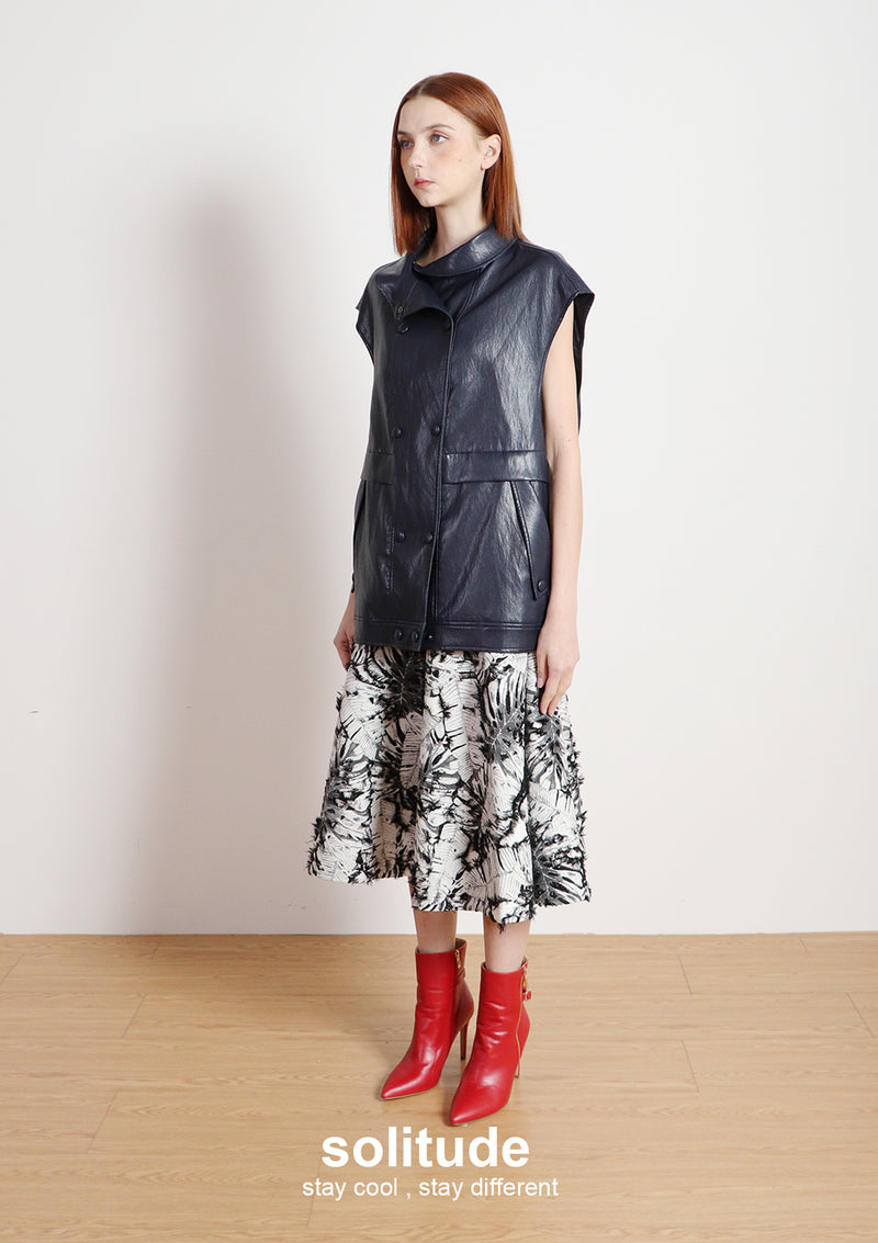 Navy Faux Leather Sleeveless Jacket