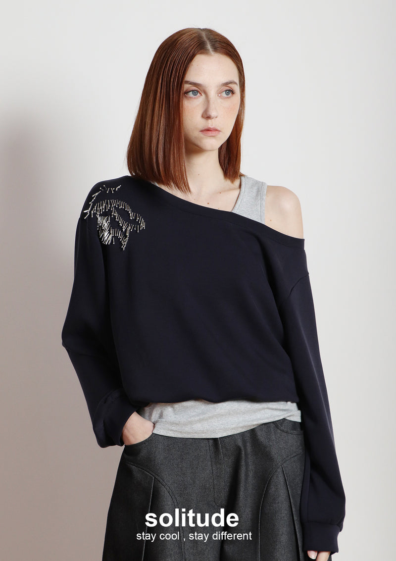 Navy Double Layers Beaded Top