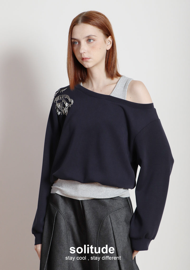 Navy Double Layers Beaded Top