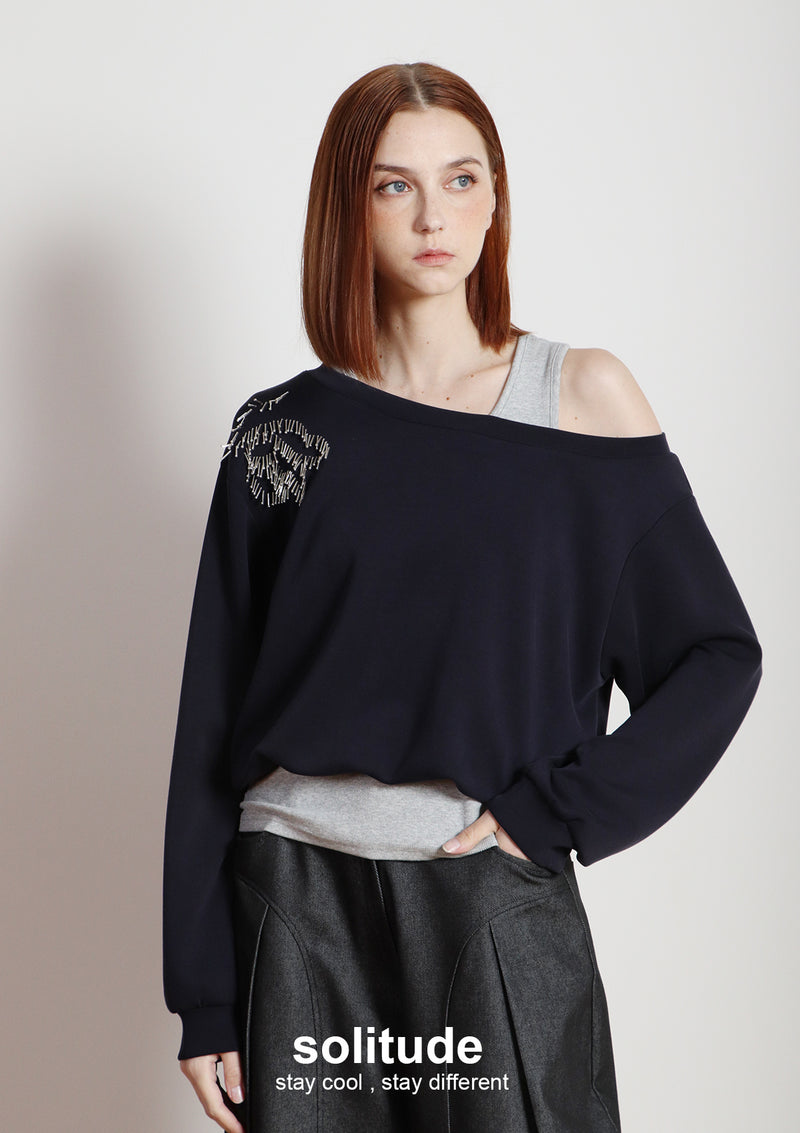 Navy Double Layers Beaded Top