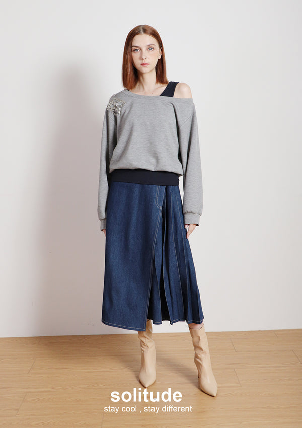 Grey Double Layers Beaded Top