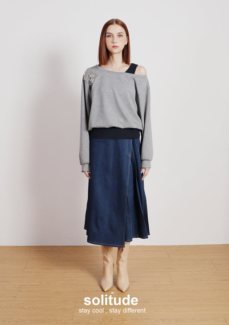 Grey Double Layers Beaded Top