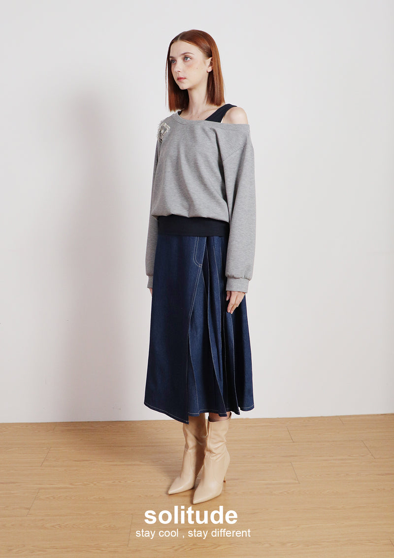 Grey Double Layers Beaded Top