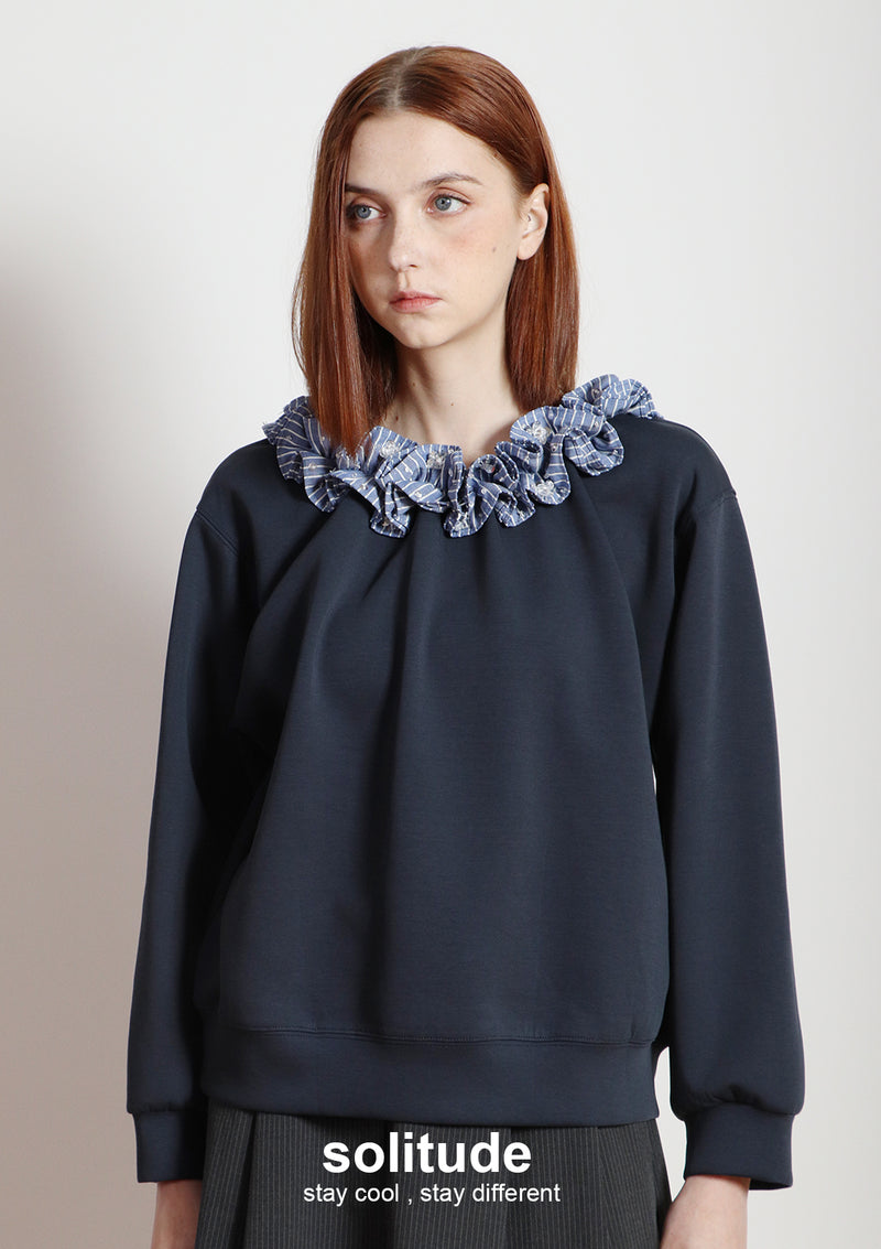 Navy Ruffles Neck Knitted Top