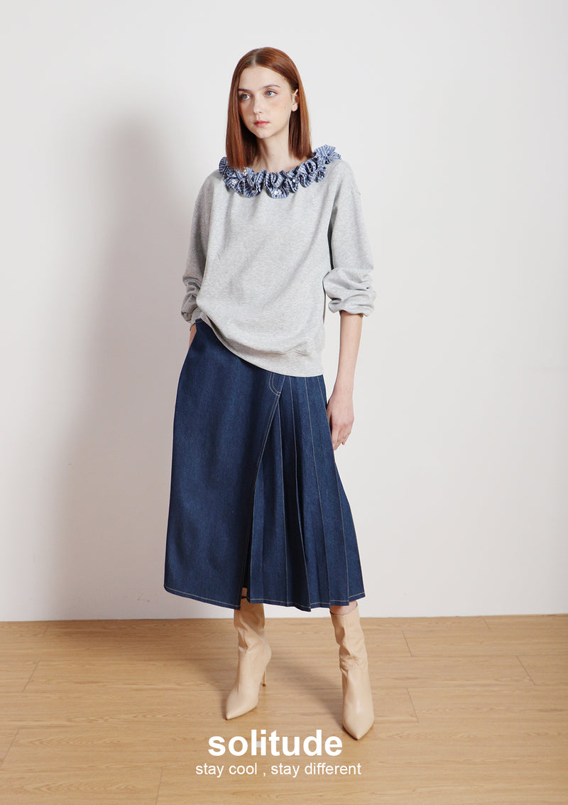 Grey Ruffles neck Knitted Top