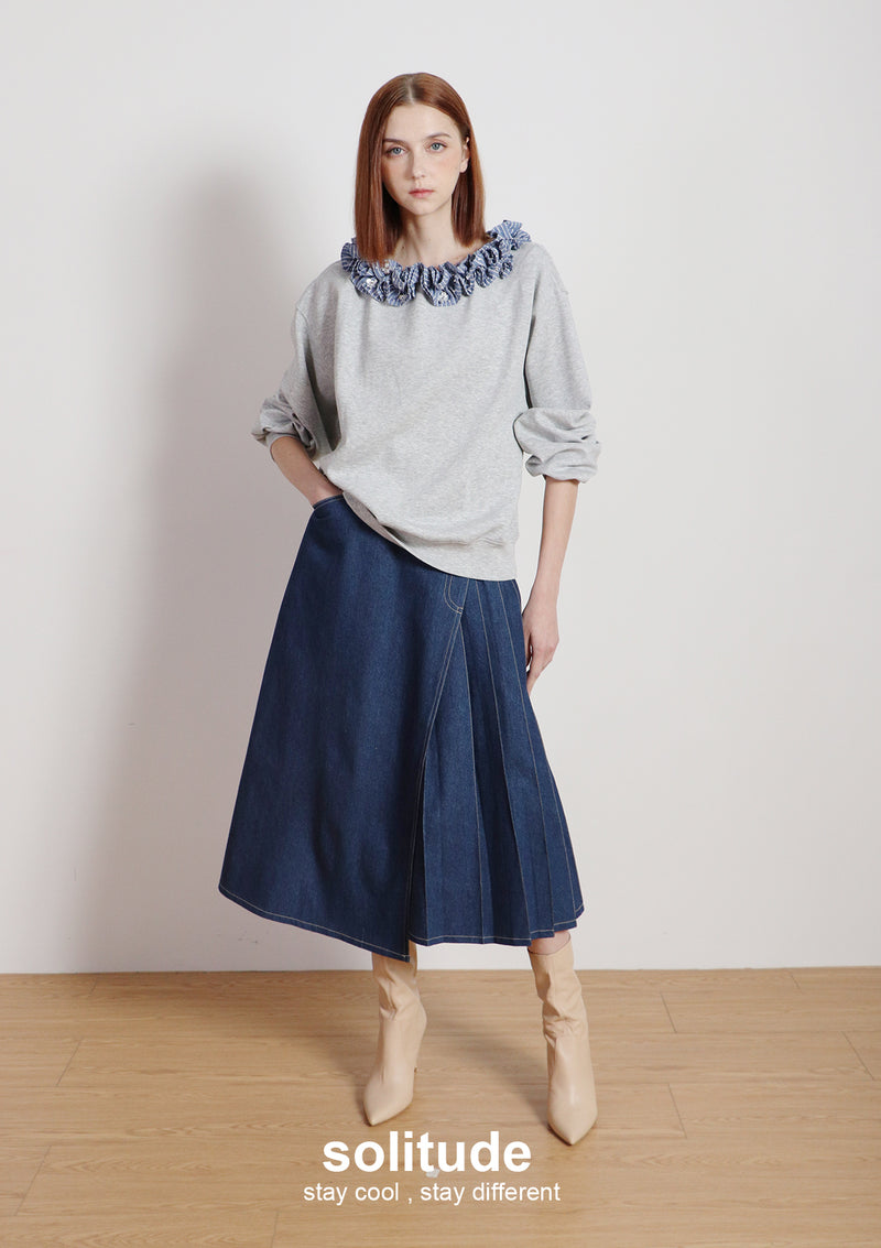 Grey Ruffles neck Knitted Top