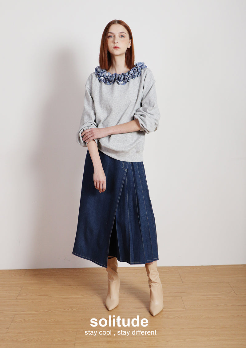 Grey Ruffles neck Knitted Top