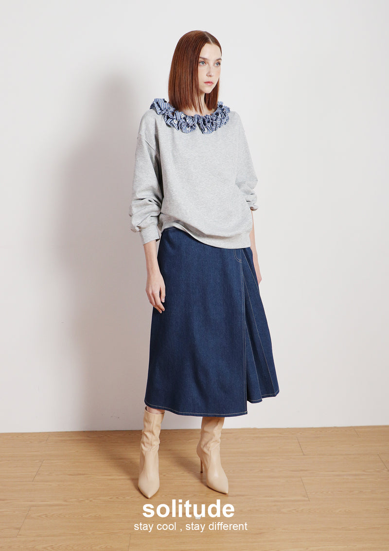 Grey Ruffles neck Knitted Top