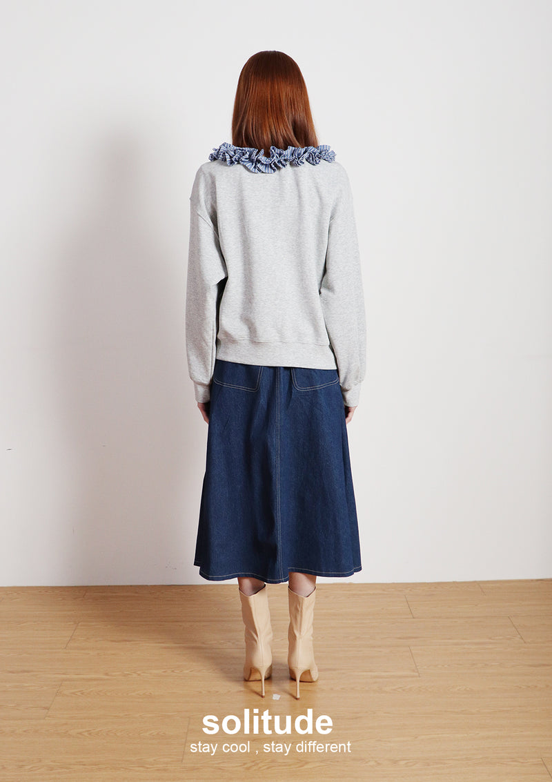 Grey Ruffles neck Knitted Top